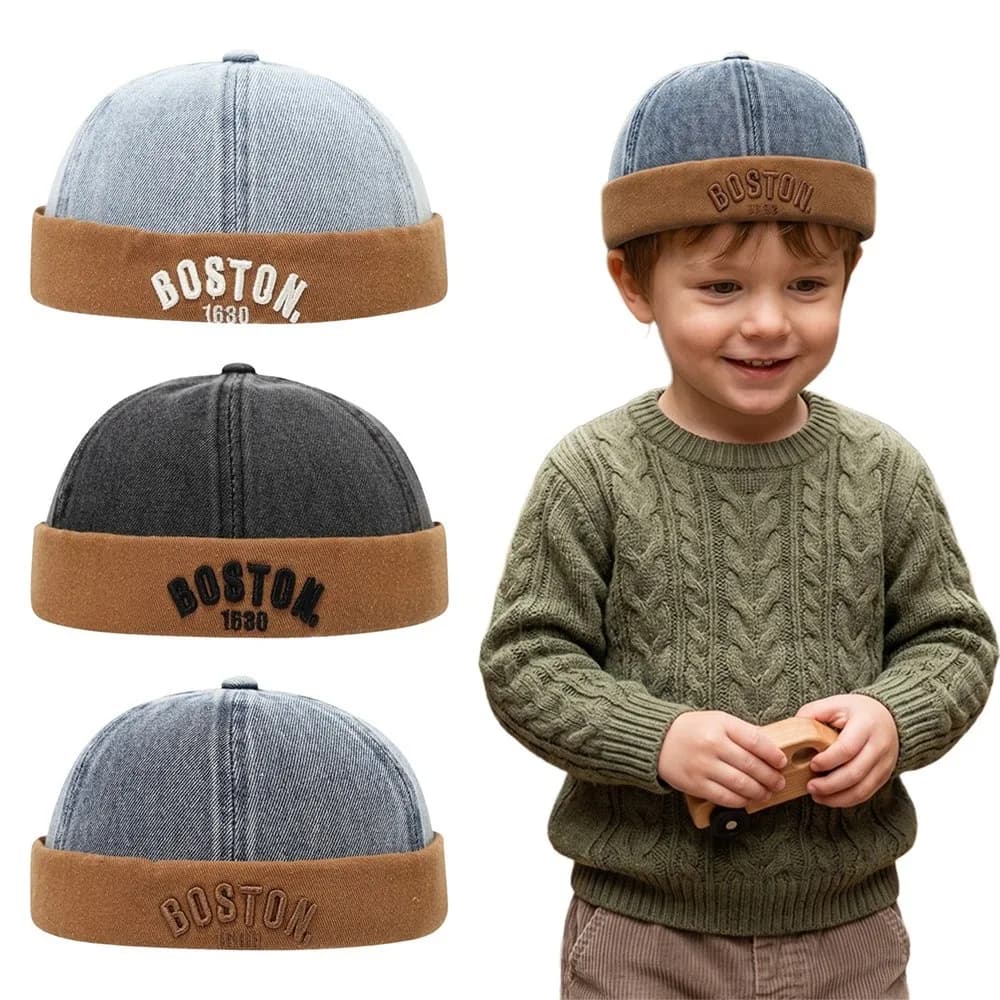Letter Embroidered Baby Brimless Hat Adjustable Cotton Denim Landlord Cap Sun Protection Breathable Children Melon Beanie Summer