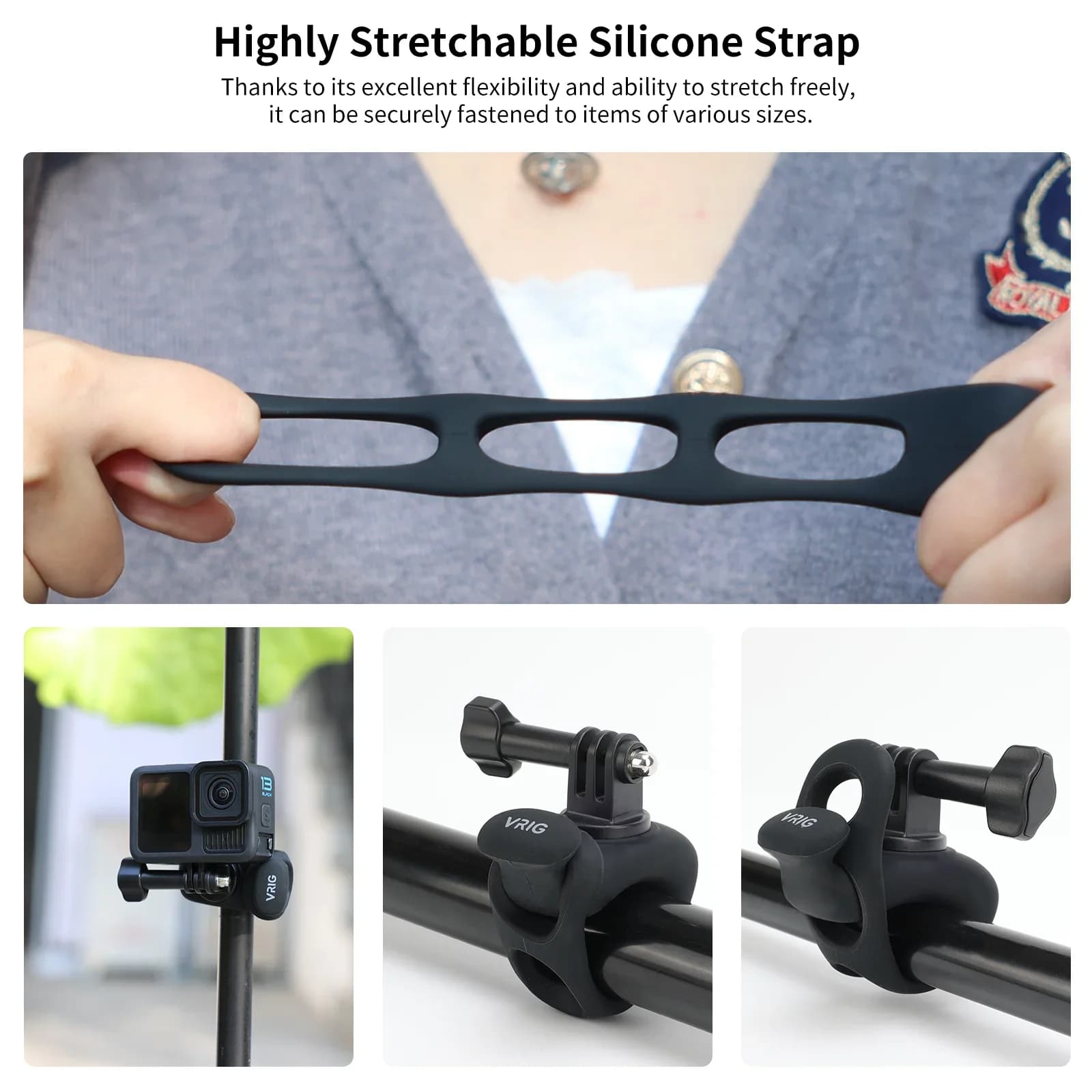 Camera Silicone Strap Mount Flexible Wrap Band for Bike Motorcycle Handlebar Tube Roll Bar Stick Pole for GoPro Action Cameras