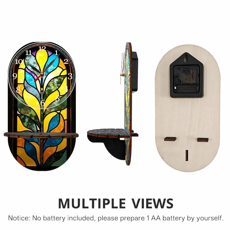Orologio da Parete in Legno con Design Botanico Colorato, Stile Artistico in Vetro Colorato dai Toni Caldi, Ideale per l'Autunno e l'Inverno