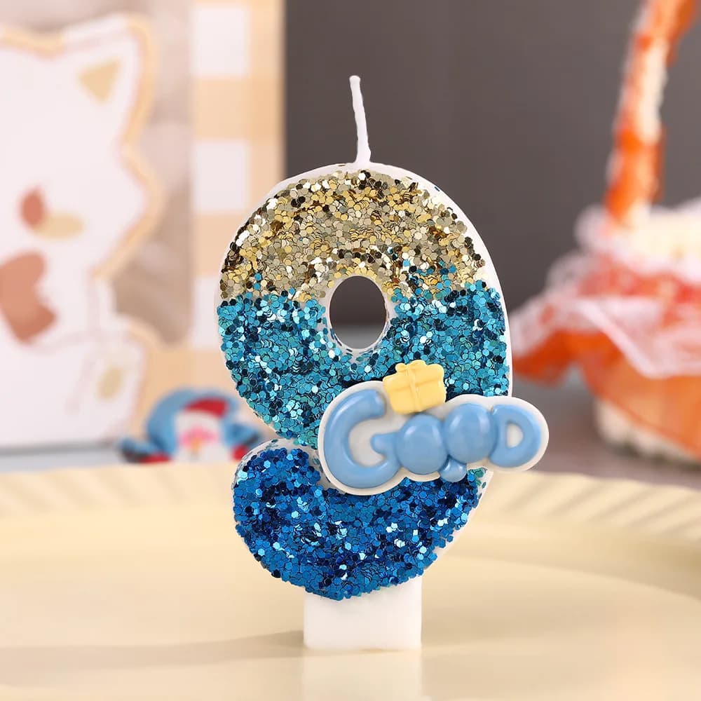 Blue Sign "GOOD" Digital Candle, Blue Gradient Sequin Dessert Cake, Birthday Candle Plug-in, Festive Party Atmosphere Decoration