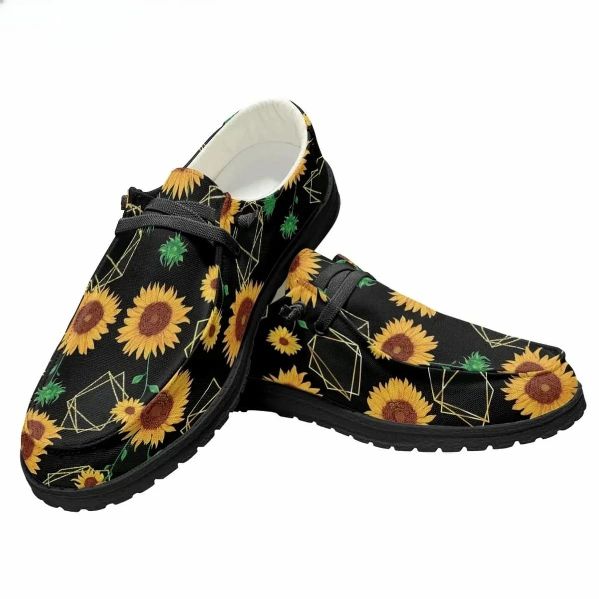 Casual men's summer shoes in canvas, Dude model, with sunflower pattern, trendy, slip-on, classic brand moccasins, elegant work shoes.