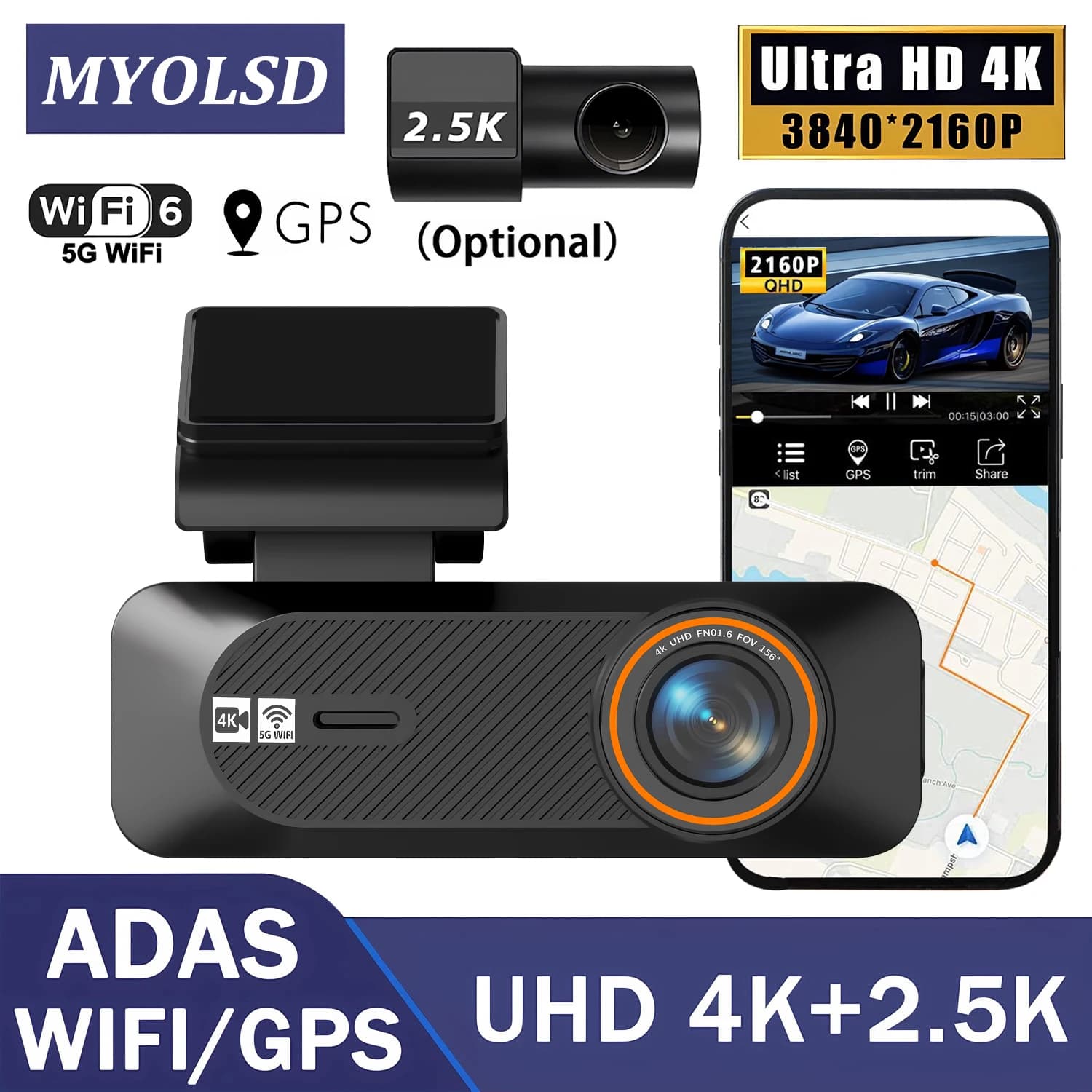 Dash Cam per Auto 4K 2160P+2.5K 1440P con Doppia Lente, Connessione WiFi, Visione Anteriore e Posteriore, Scatola Nera con Assistenza al Parcheggio 24H per Veicoli