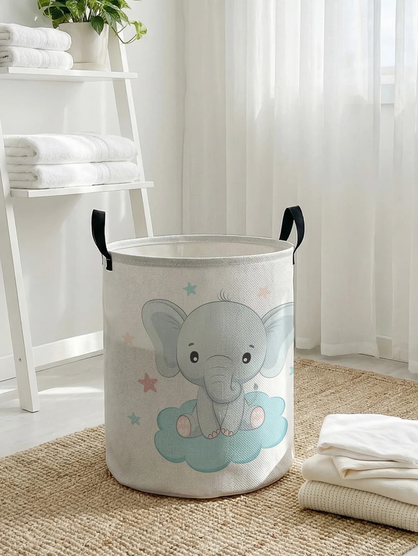 Cloud Star Baby Elephant Print Foldable Large-Capacity Storage Basket, for Kids' Toys and Clothes, Home & Bathroom Laundry Use