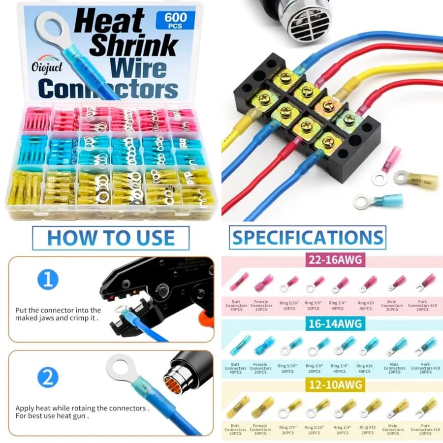 Kit di Connettori Termorestringenti per Cavi Elettrici - Assortimento di Terminali a Crimpare per Uso Marino e Automobilistico, Impermeabili, ad Anello, a Forcella e a Spade