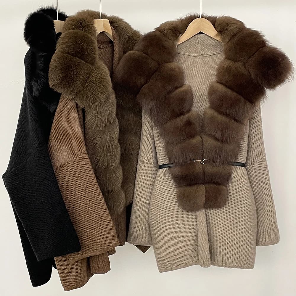 Women's Sweater Knit Coat Real Fox Fur Jacket Women's Jacket with Fur Oversize Sweater Women's Winter Fur Coat Women's Knitted