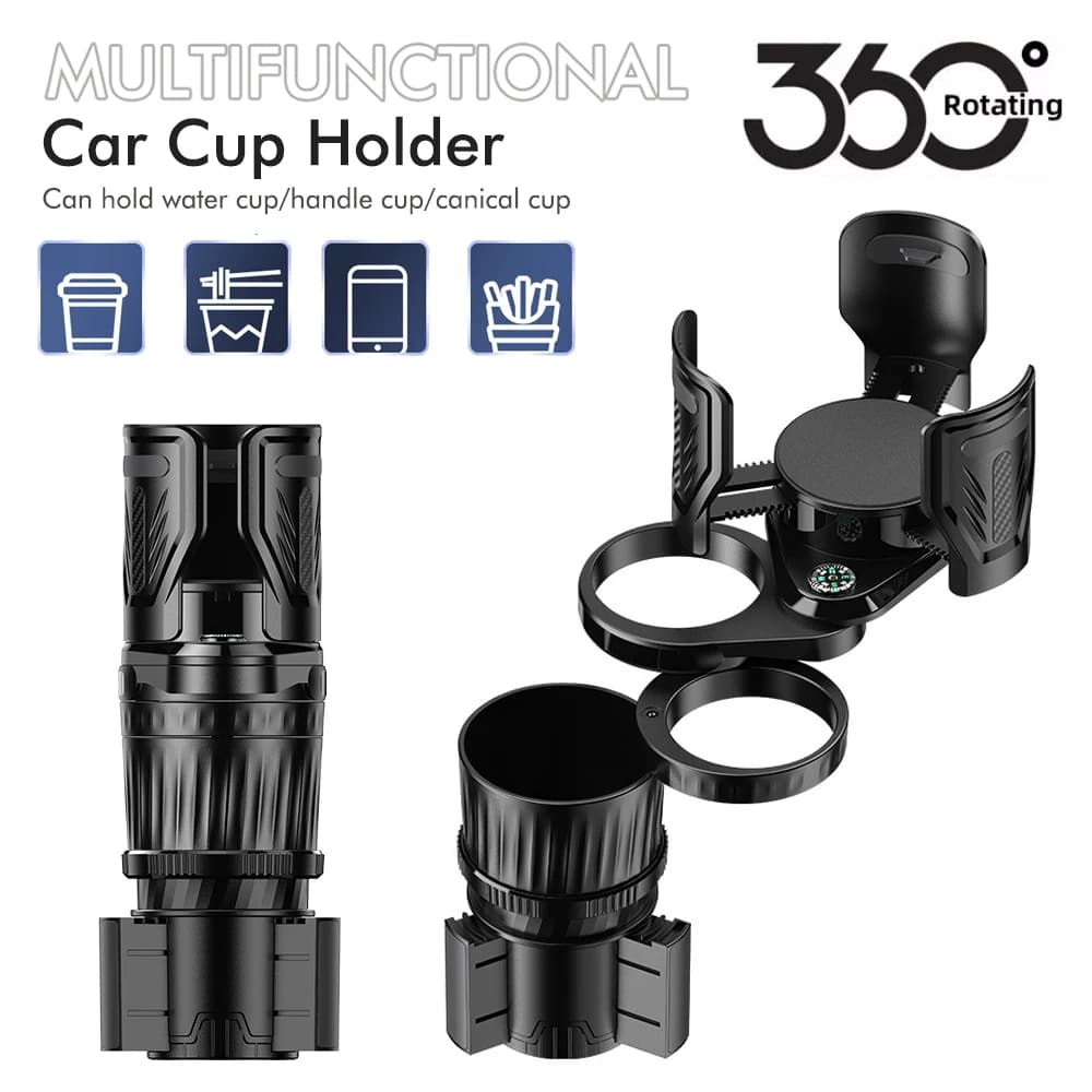 Portabicchieri Multifunzionale 4-in-1 per Auto con Bussola, Porta Bevande, Supporto per Noodle Istantanei e Design Telescopico Regolabile