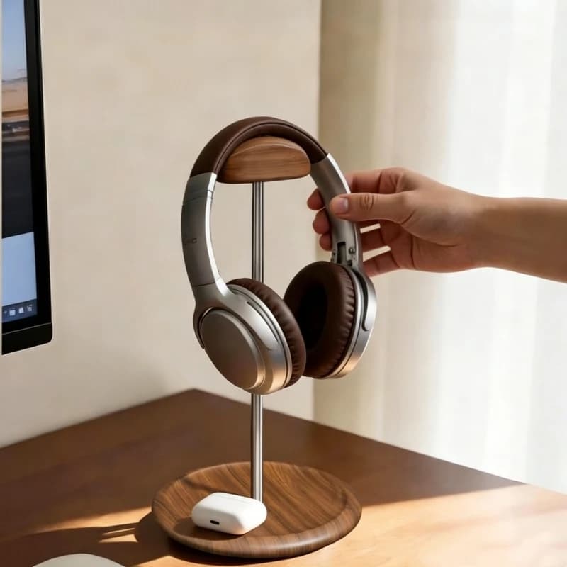 Walnut Wood Headphone Stand Desktop Headset Holder Earphone Hanger Desk Storage Rack for Gaming Headset Student Dorm Decor
