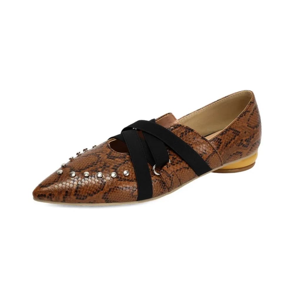 Mocassini da Donna con Stampa Effetto Pelle di Serpente, Punta Affusolata, Cinturino Incrociato, Borchie e Tacco Basso - Scarpe Casual da Ufficio e Quotidiane 3-933