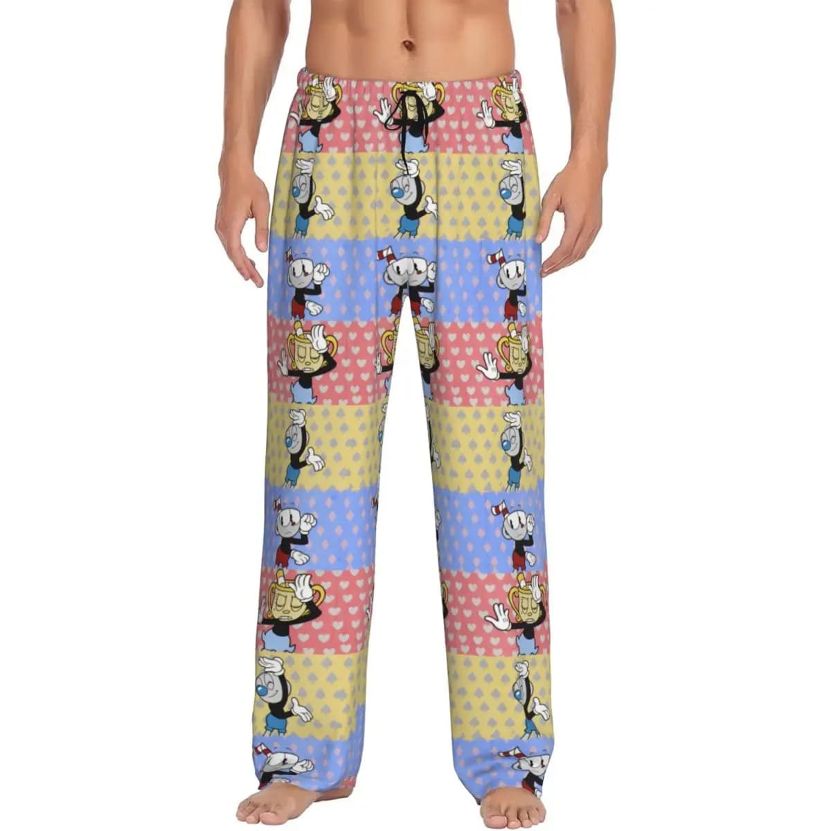 Pantaloni da pigiama personalizzati Cuphead e Mugman da uomo Gioco anime Sleepwear Lounge Pantaloni da notte elasticizzati con tasche