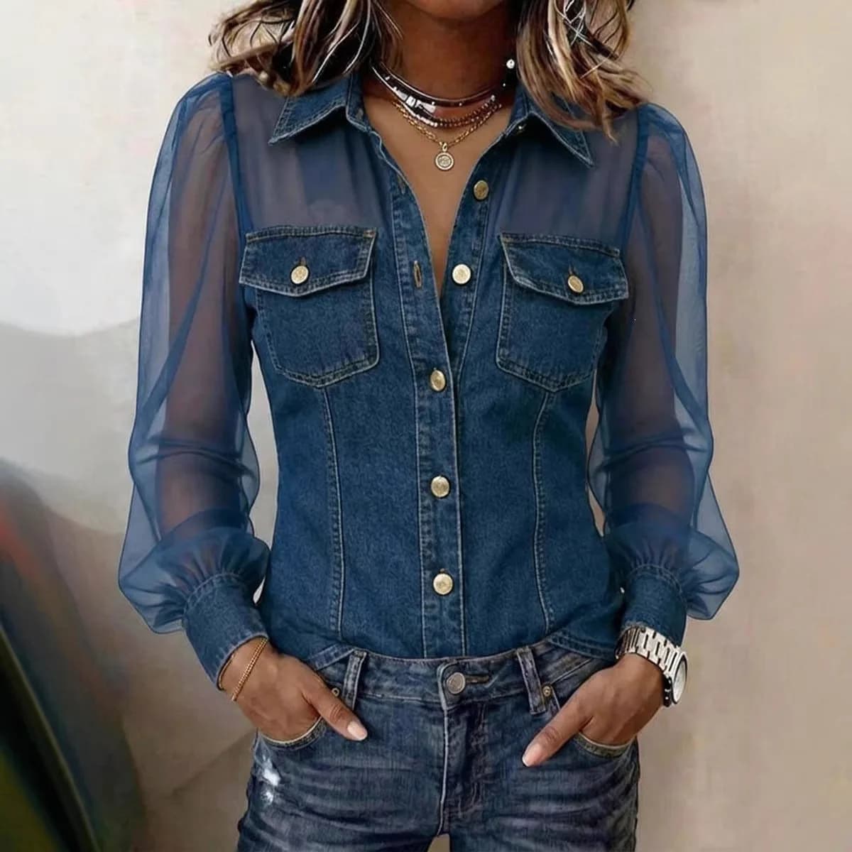 Blouses Women Shirt Vintage Denim Mesh Splice Turn Down Collar Lantern Sleeve Tops Work Slim Fit Y2k Streetwear Elegant 2026