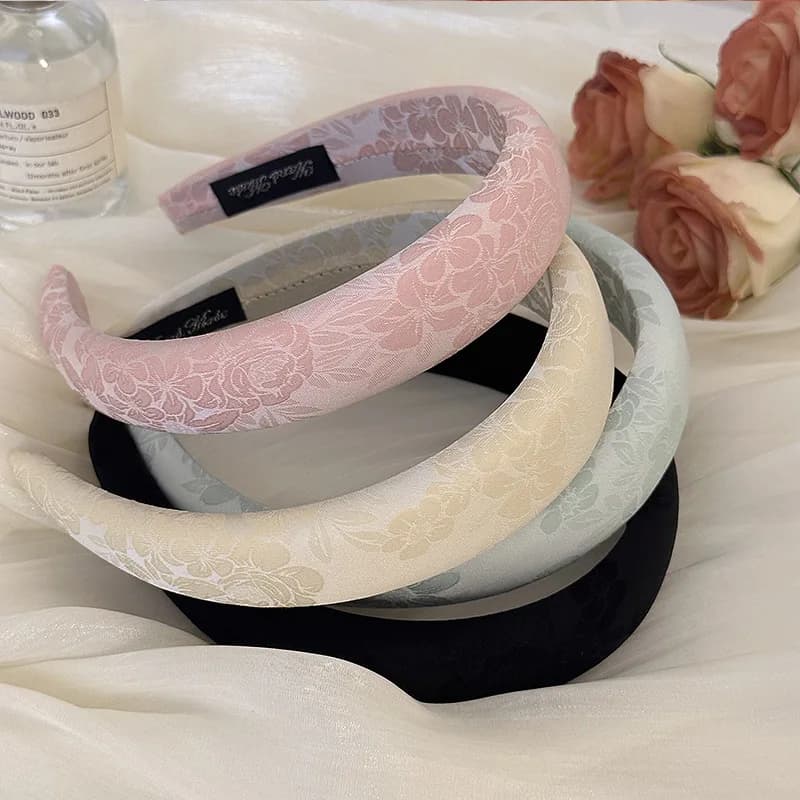 Moda donna ricamo rosa fiore spugna fasce per capelli stile cinese elegante stampa fasce tinta unita semplice cerchio per capelli antiscivolo