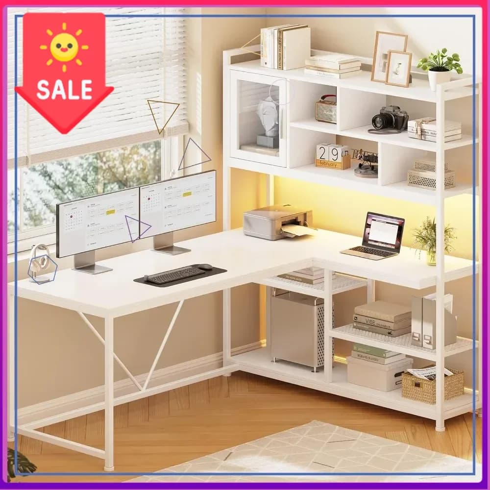 Scrivania da gaming a forma di L da 58'' con luci LED, libreria e ripiani portaoggetti per ufficio domestico, bianca - Offerta imperdibile!