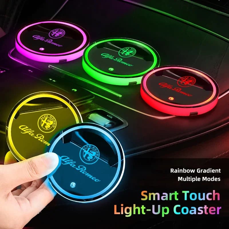 2PCS LED Cup Holder Rechargeable Rainbow Light Up Coasters For Alfa Romeo 156 159 147 4C 8C 166 Giulia Giulietta Mito Stelvio