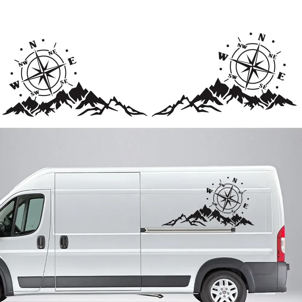 Car Sticker 2 pieces Mountain Adventurers compass graphic decoration Rv Camper Truck Door Waist Line Hood vinyl decal, 56cm