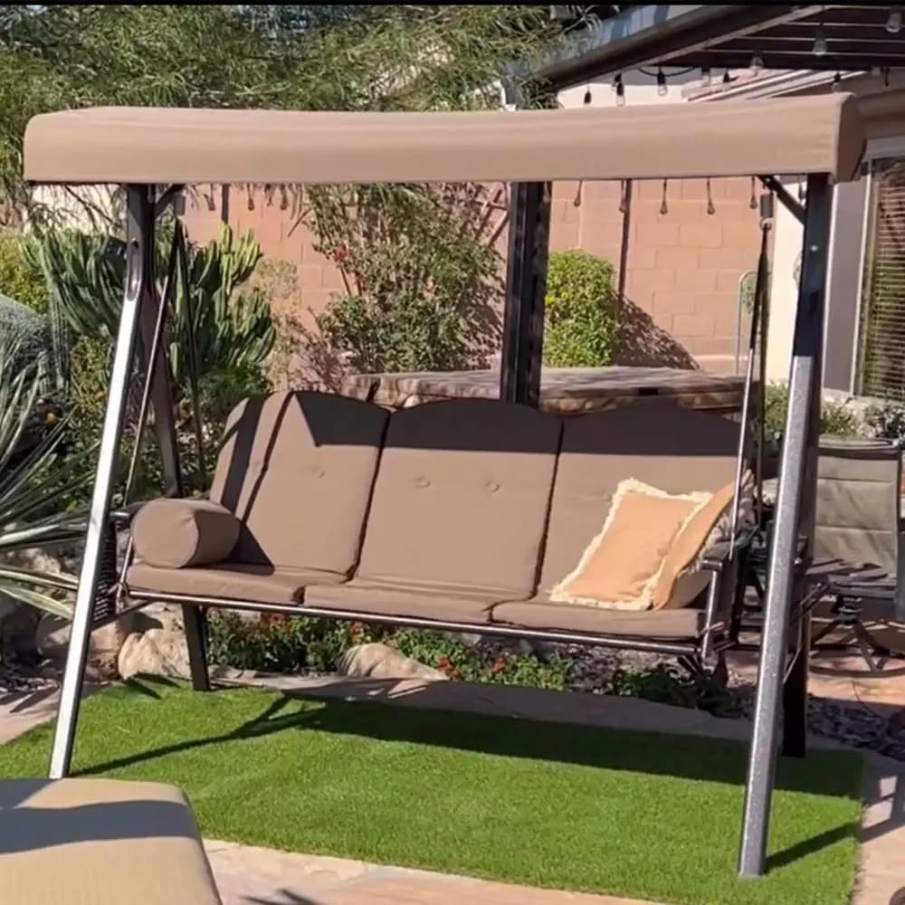 Dondolo da giardino per 3 persone resistente alle intemperie con sedile regolabile, cuscini e guanciali, beige