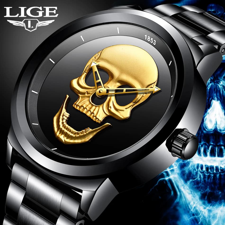 Orologio da Polso LIGE di Lusso da Uomo, Quarzo, Scheletrato, Creativo 3D Teschio, Acciaio Inossidabile, Casual Sportivo, Impermeabile + Scatola