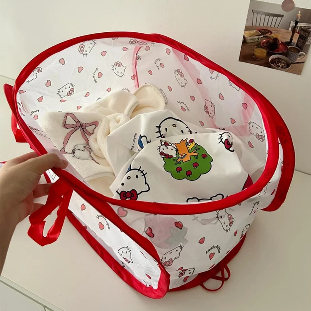Cesto per Bucato Pieghevole Hello Kitty, Contenitore Portatile per Vestiti Sporchi, Organizer Cartoon per Lavanderia e Bagno