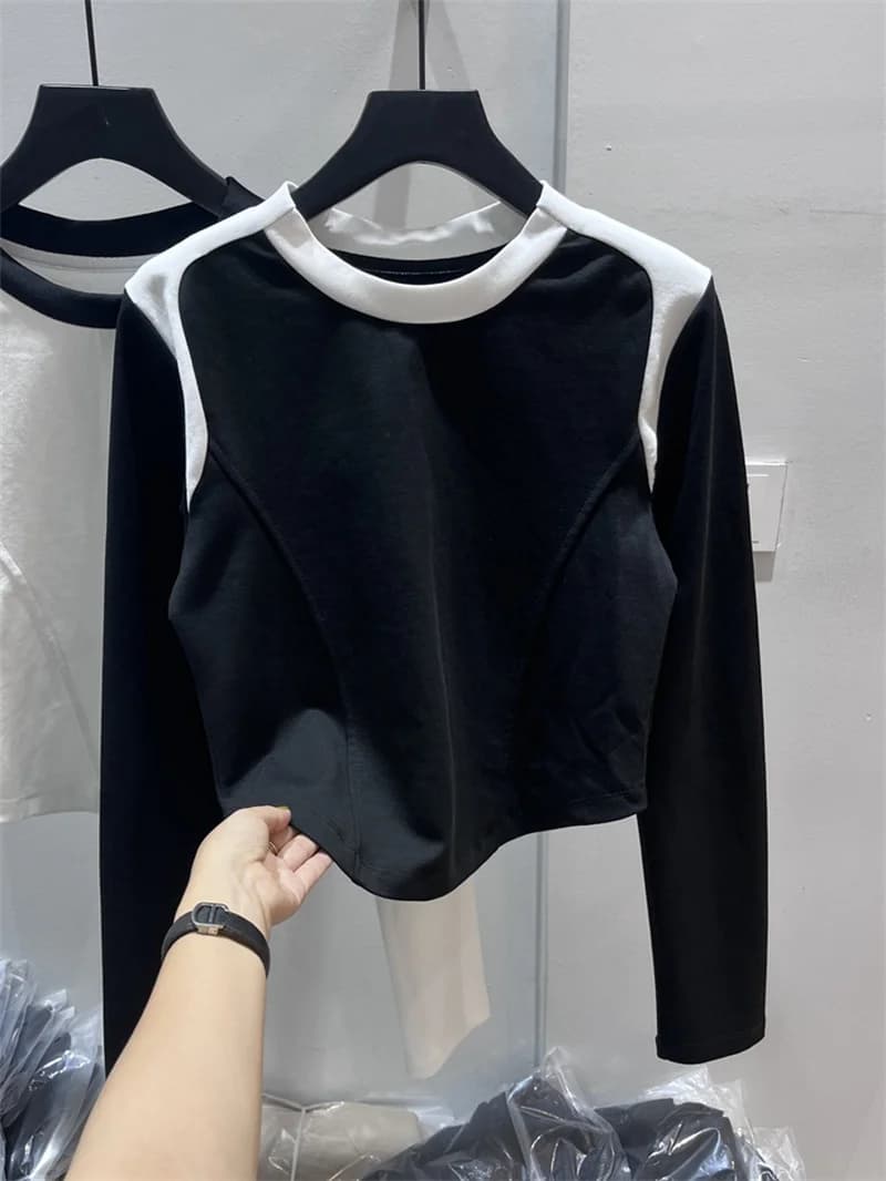 Minimalist Spicy Girl Autumn New Style American Retro Color Block Long Sleeve Short T-Shirt Women's Fashionable Commute Cotto...