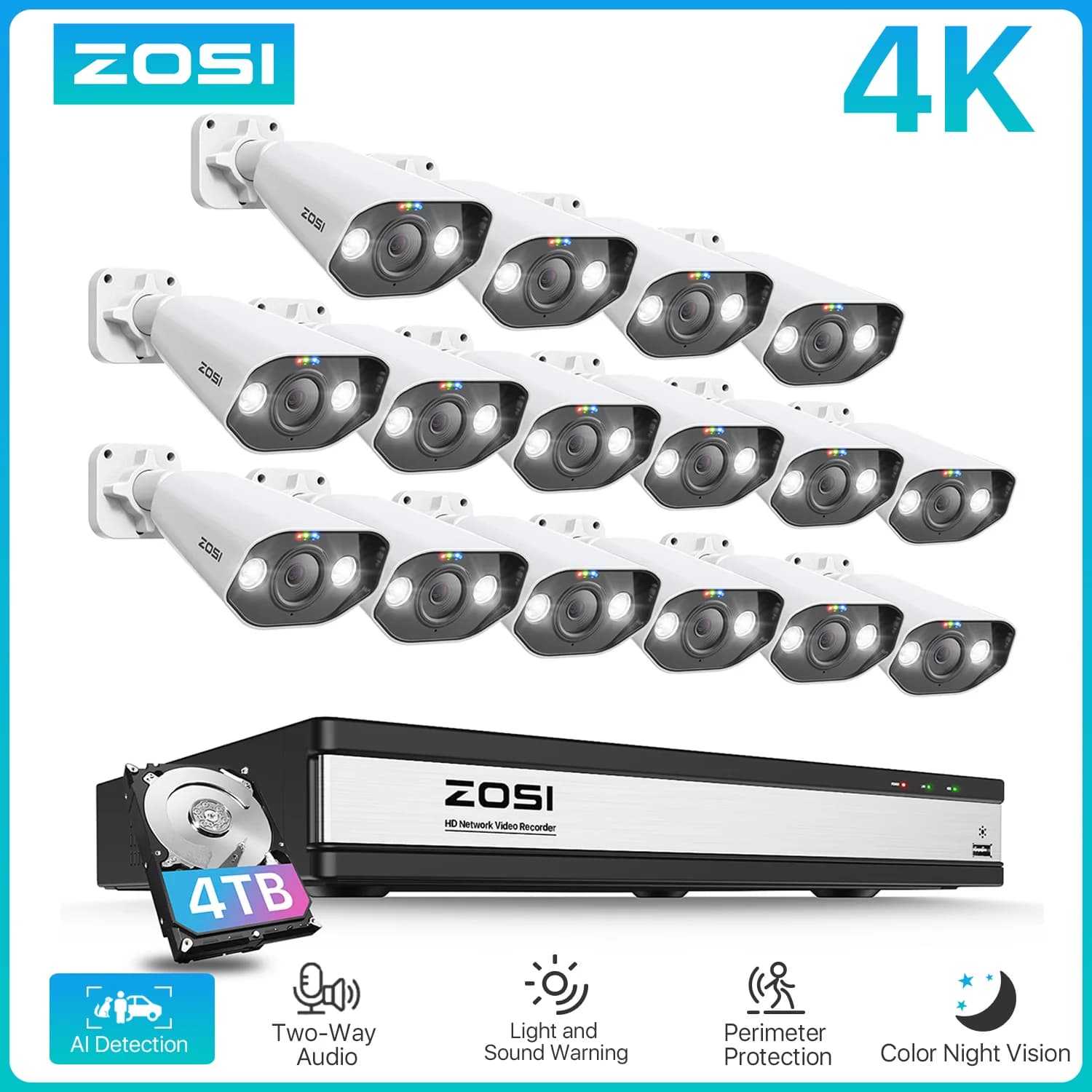 ZOSI 16CH 8MP 5MP PoE sistema di telecamere di sicurezza 4K 16CH NVR telecamere IP esterne AI Person Vehicle Detection Kit di videosorveglianza