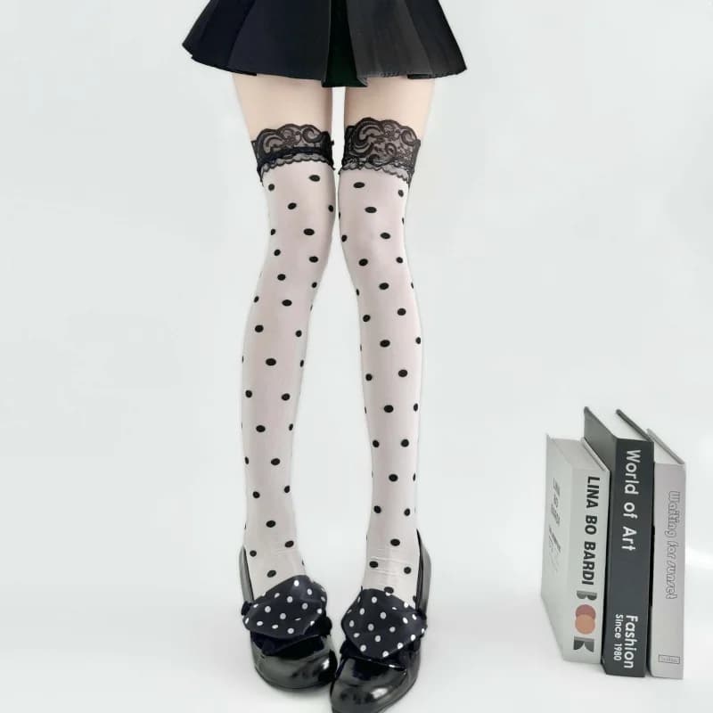 New Comfortable Versatile Cute Retro Polka Dot Lace Knee High Socks Erotic Stockings Contrasting Colors Polka Dots Bubble Socks