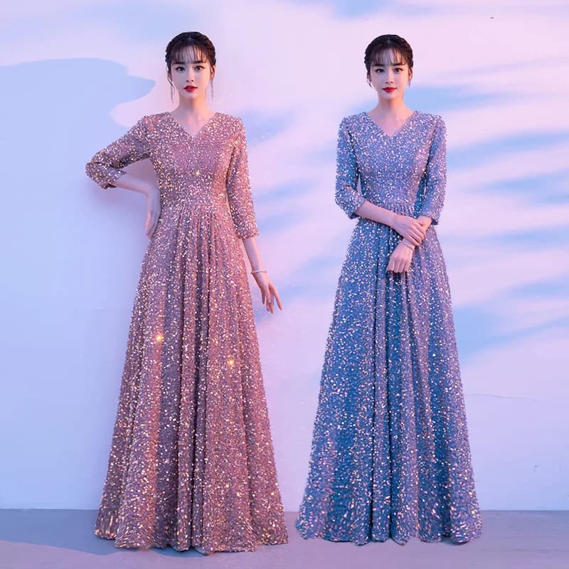 Sequin Women's Performance Gown for Chorus Show Piano Performance Evening Dress Long Skirt for Reading Competition