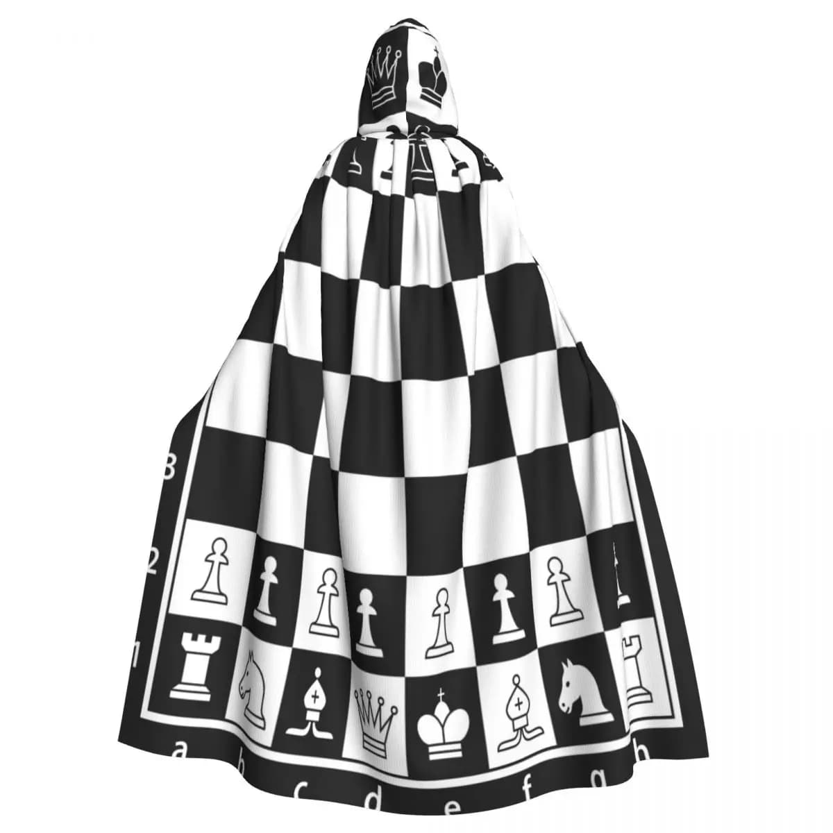 Mantello per adulti Mantello con cappuccio Scacchiera in bianco e nero Costume medievale Strega Wicca Vampiro Elfo Purim Festa di carnevale
