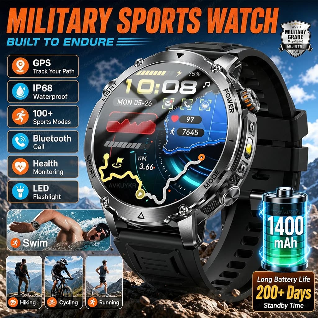 Smartwatch GPS da Uomo 1400mAh, 200+ Giorni di Standby, Impermeabile IP68, per Nuoto e Sport Militari all'Aperto, con Chiamata BT e Torcia