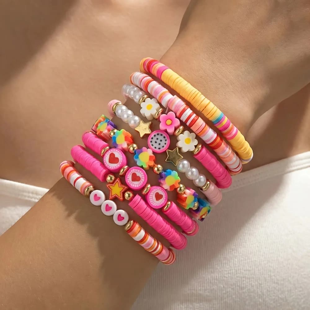 Set di 8 Braccialetti Stratificati in Argilla Polimerica a Forma di Cuore Floreale Rosa, Gioielli per San Valentino e Festival Musicali per Donne