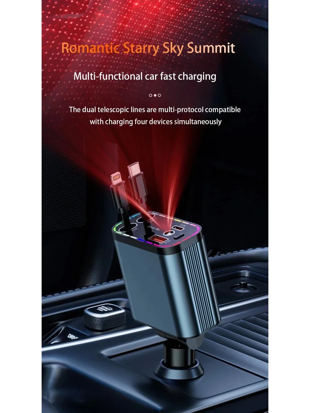 4-in-1 Retractable Car Charger, 152W Fast Charge Type-C, Premium Auto Interior Star Sky Roof Ambience LED Light Accessories