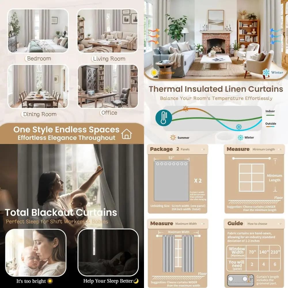 Curtains for oatmeal with 96 inch thermal insulation, set of 2 panels, 52x96 inch for farm style
