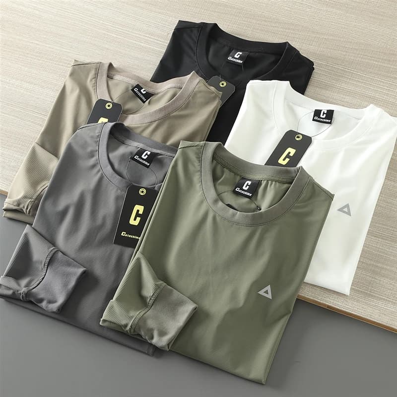 Maglietta a maniche lunghe da uomo primaverile/estiva, sottile, elastica, ad asciugatura rapida, traspirante, per sport all'aperto, girocollo, casual, trendy