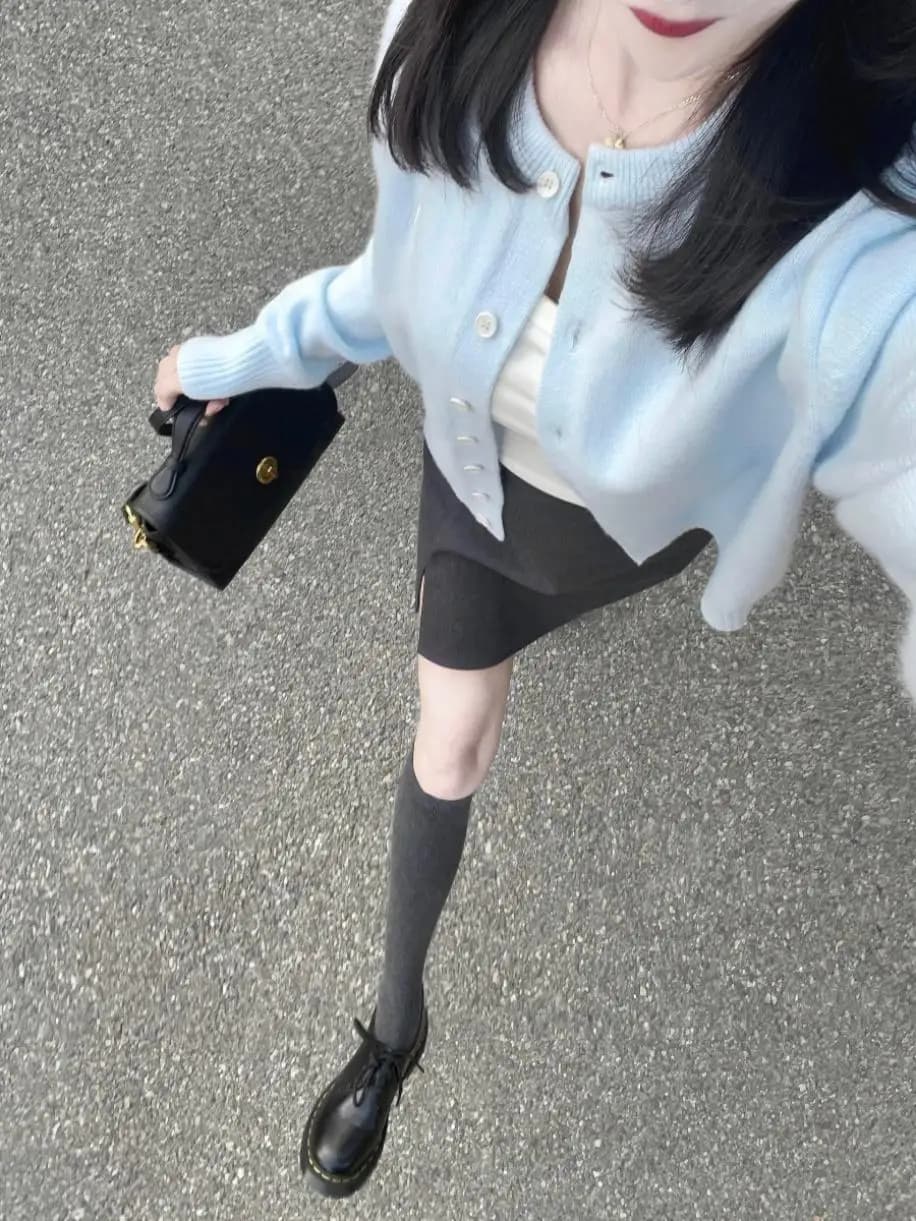 Soft Cozy Light Blue Knitted Sweater Women's Jacket Short Style Outerwear Open Cardigan Top Commute Fashion Long Sleeve round...