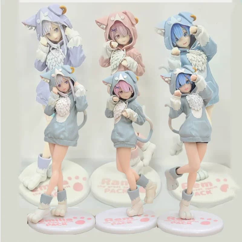6pcs Anime Re:Zero Rem Ram Emilia Puck 20cm Hoodie Cosplay Action Figure Collectible Model Toy Desktop Decoration Gift