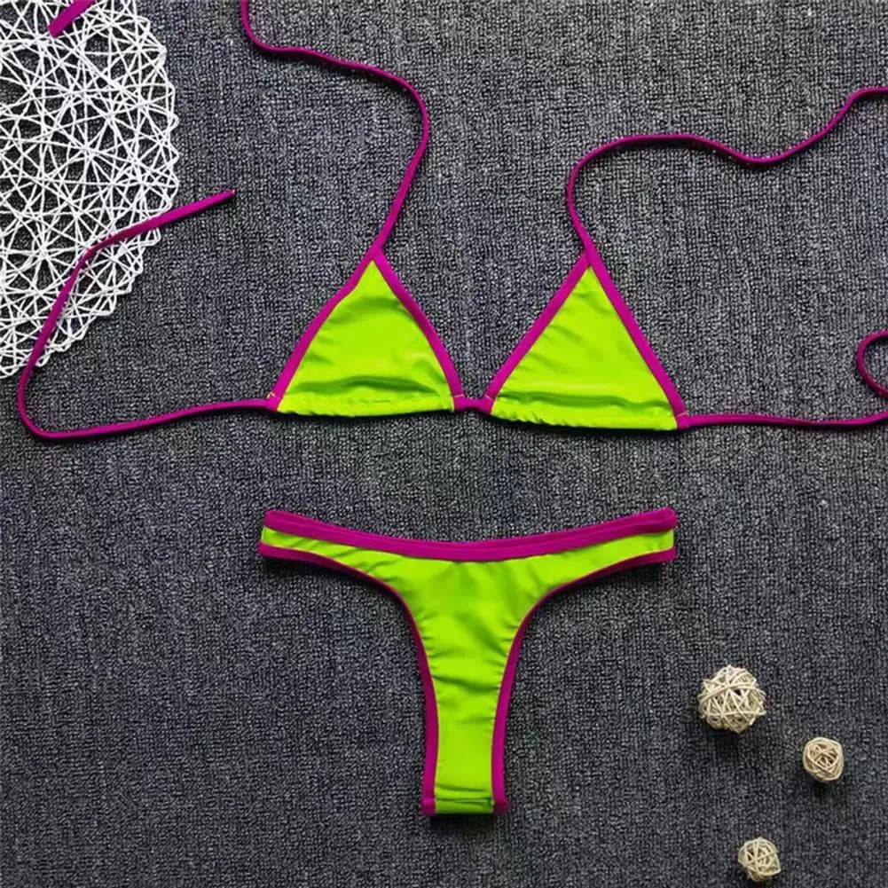 Women Triangle Bikini Set, Halter Tie Top & High Cut Thong, Summer Two Piece Swimsuit, Sexy Bathing Suit for Beach Pool Party