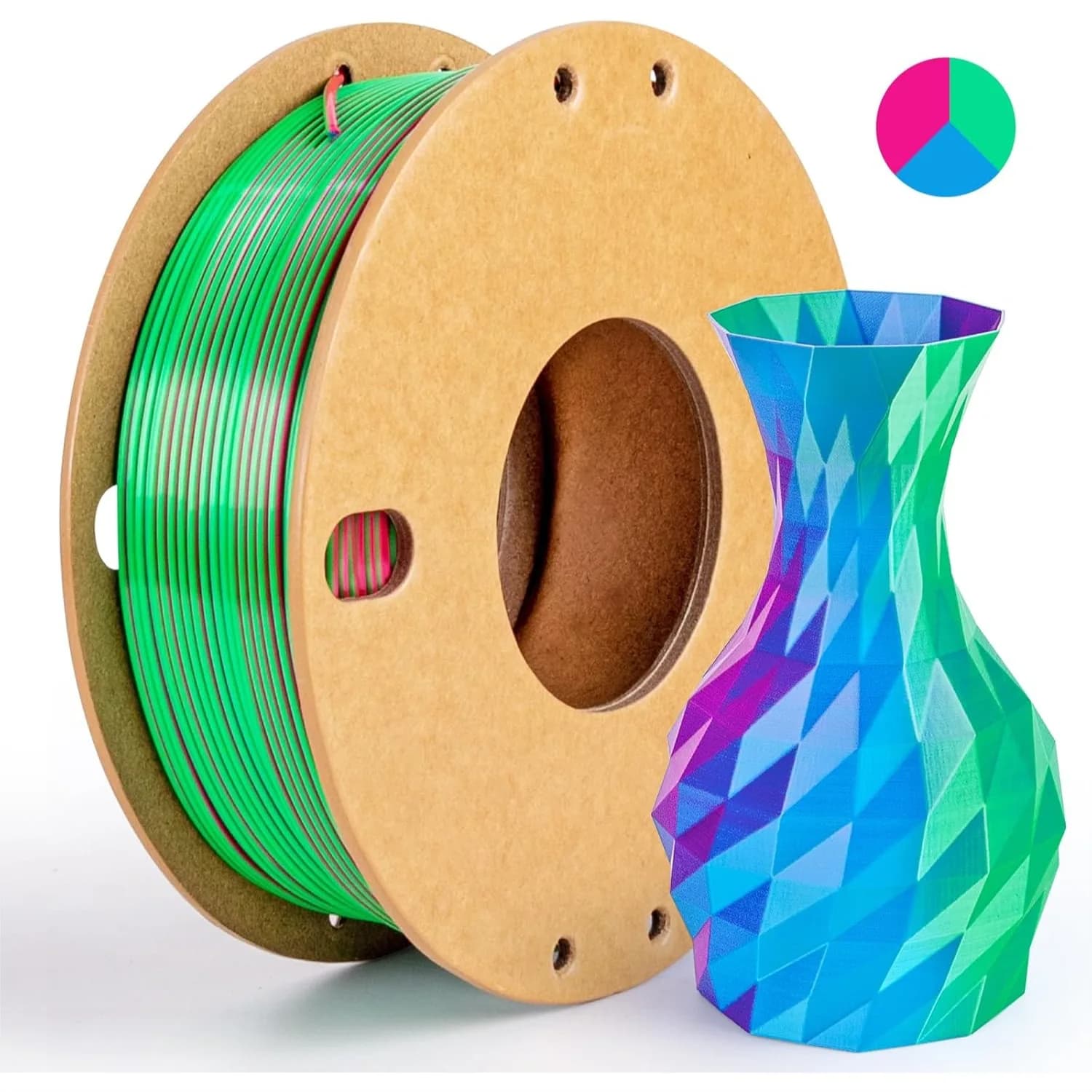 Filamento per Stampante 3D PLA+ Tricolore Effetto Seta 1.75mm, Bobina Lucida da 250g, Rosso Rosa + Blu Cielo + Verde