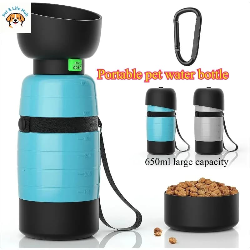 Bottiglia d'Acqua Portatile per Cani da 650ml, Ciotola da Viaggio per Cibo e Acqua per Passeggiate e Viaggi