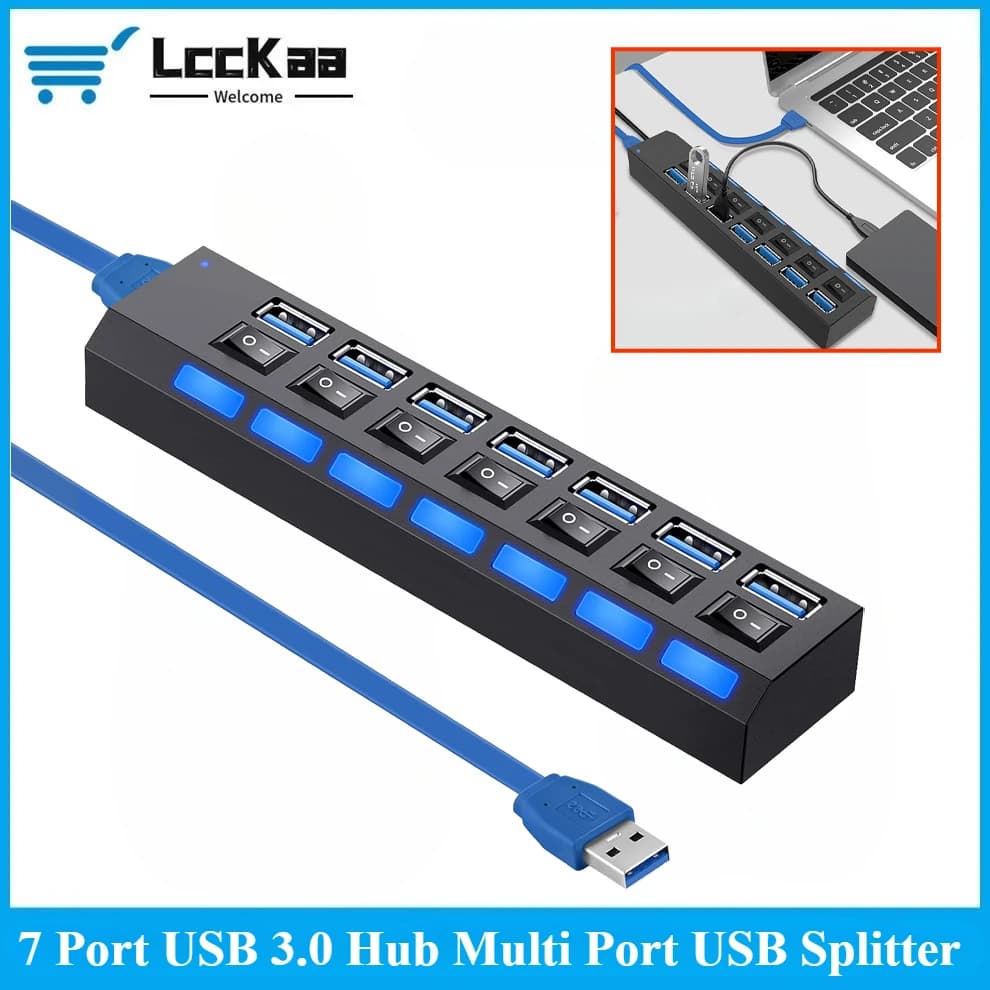 USB 3.0 Hub USB Hub 3.0 Multi USB Splitter 3 Hab Use Power Adapter 7 Port Multiple Expander USB3 Hub with Switch for PC
