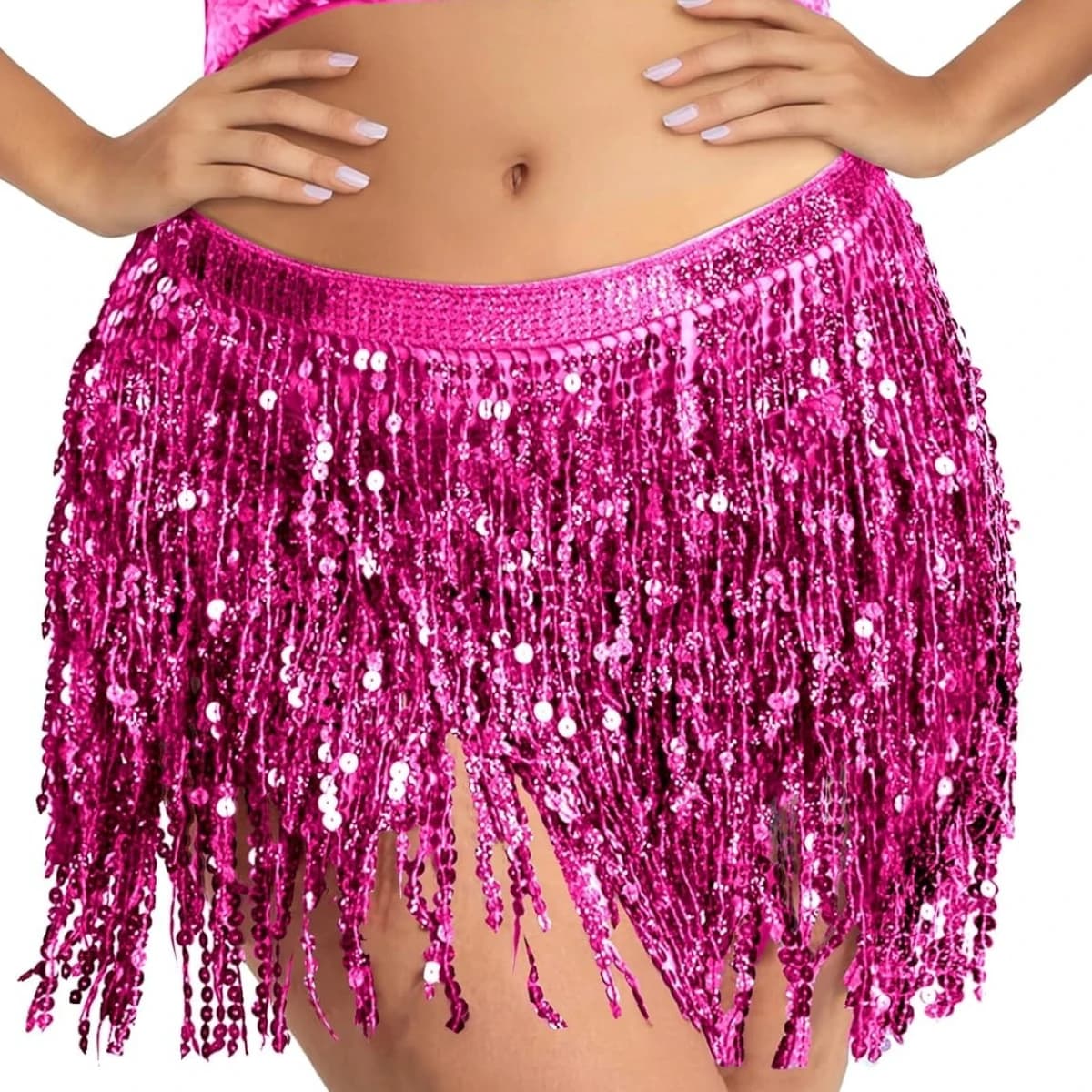 Gonna da ballo con paillettes e frange da donna, sciarpa lucida da avvolgere intorno alla vita per danza del ventre, feste e club