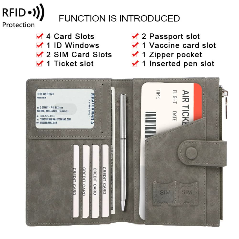 Organizzatore di documenti da viaggio unisex, custodia per passaporto con cerniera e fibbia, portafoglio compatto con blocco RFID per zaino