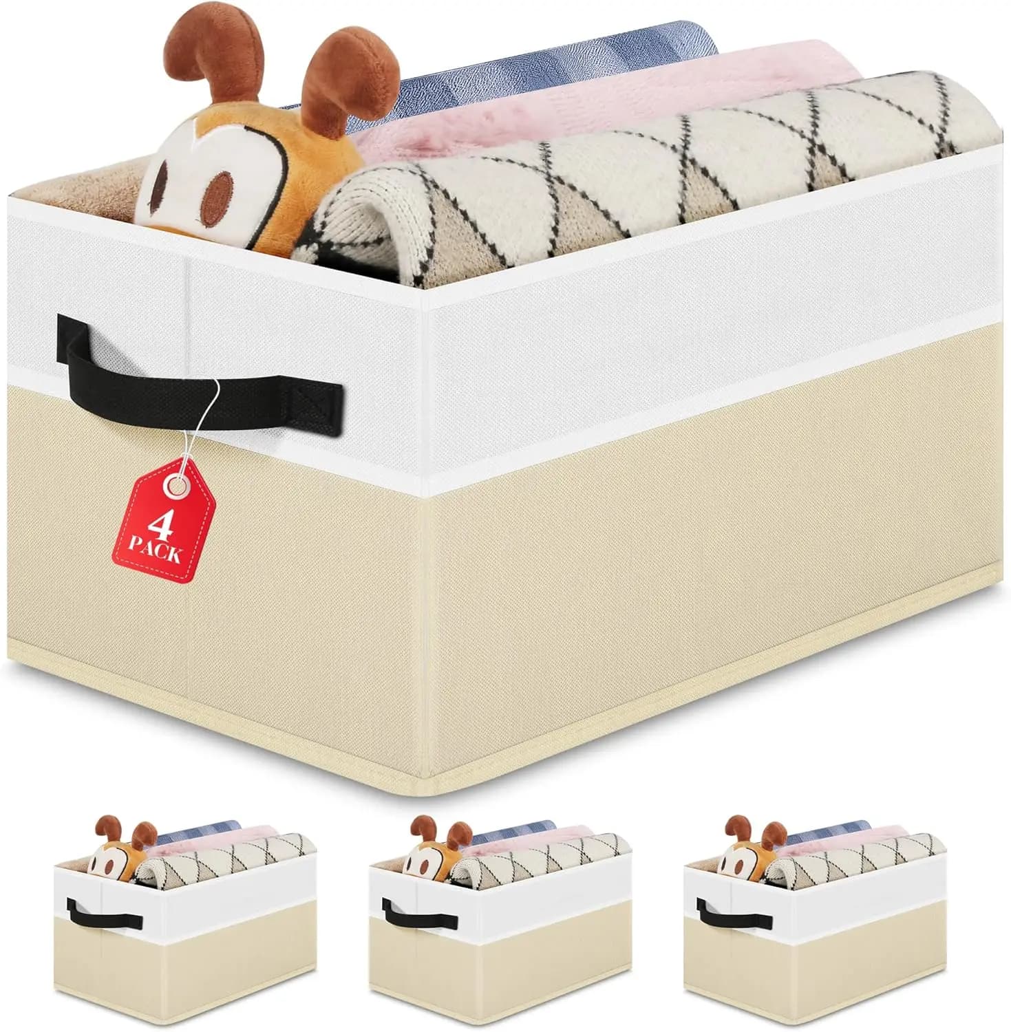 Set di 4 Contenitori Pieghevoli con Manici, Organizzatori in Tessuto per Libri, Vestiti, Giocattoli - Beige
