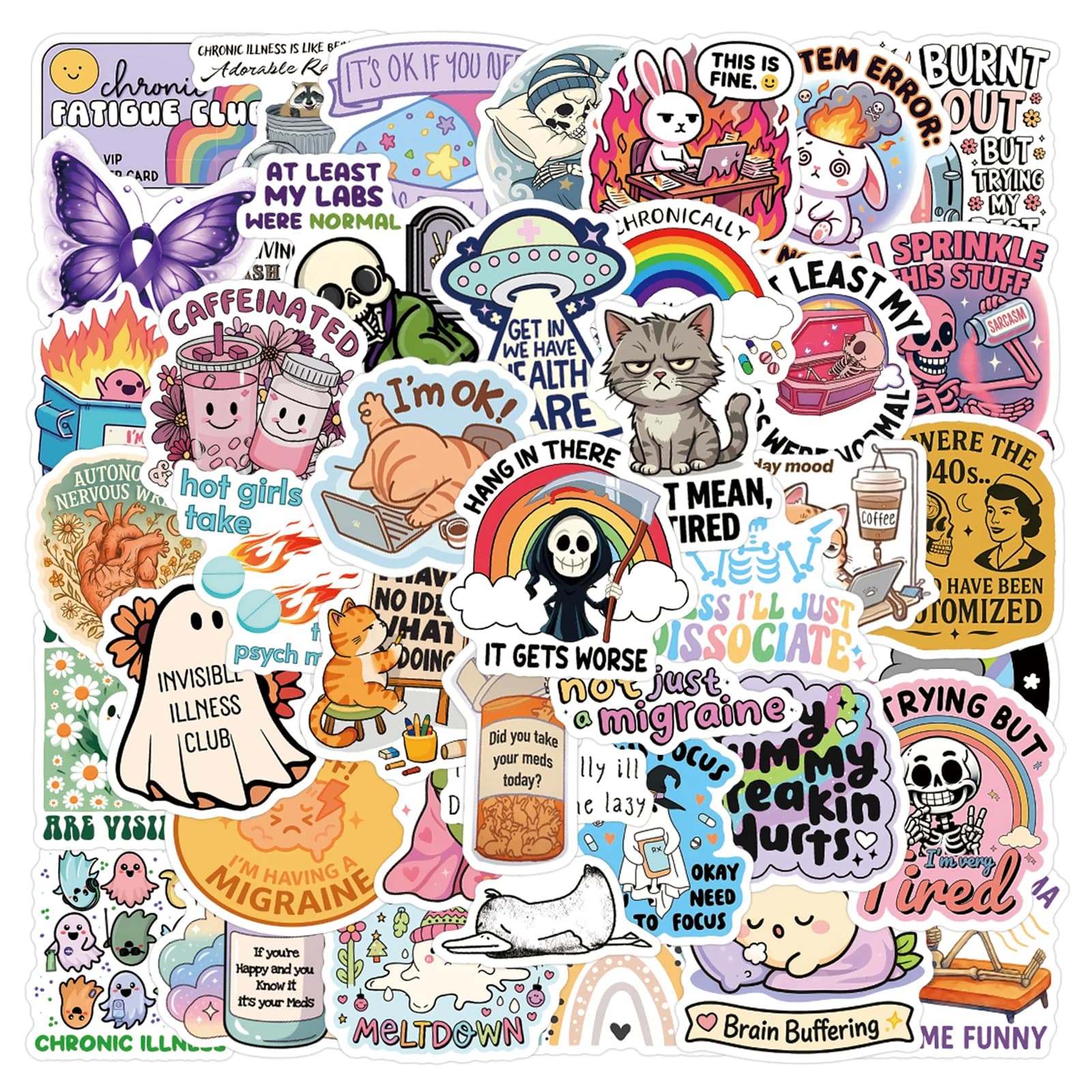 55 Pieces Adhesives Funny with Memes on Chronic Diseases for Laptop, Scrapbook, Baggage, Guitar, Helmet, Graffiti DIY, External Stickers