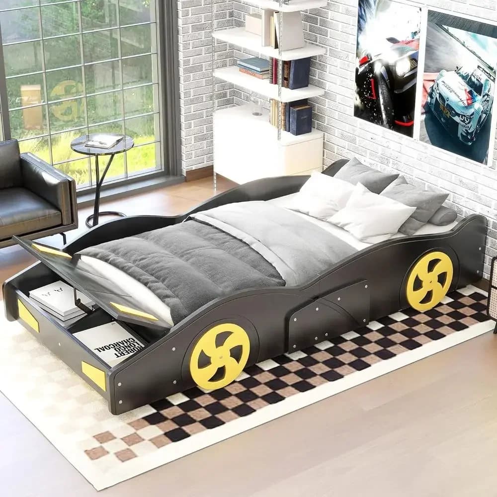 Twin Size Race Car Platform Bed with Wheels and Storage, Black & Yellow, No Box Spring Needed