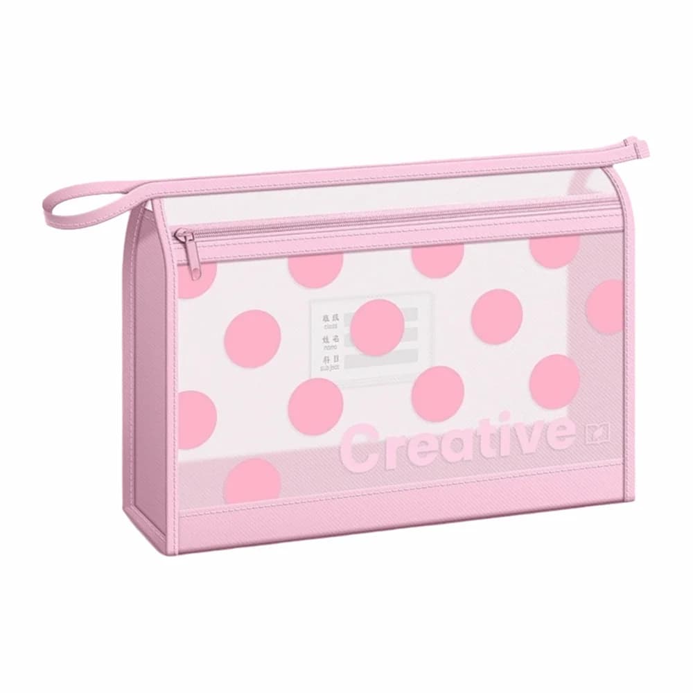 Portable Mesh File Bag Polka Dot Print Zipper Design Document Bag Double-Layer with Handle File Folder Gift