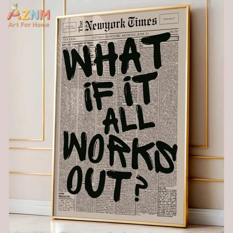 AZNM What If It All Works Out Newspaper Wall Art, Retro Typography Quote Canvas Print, Modern Aesthetic Home Decor Poster, Frame