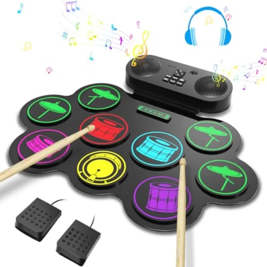 Set di Batteria Elettronica a 9 Pad MIDI, Pad Arrotolabile per Pratica con Jack per Cuffie, Altoparlanti Integrati, Bacchette e Pedali in B