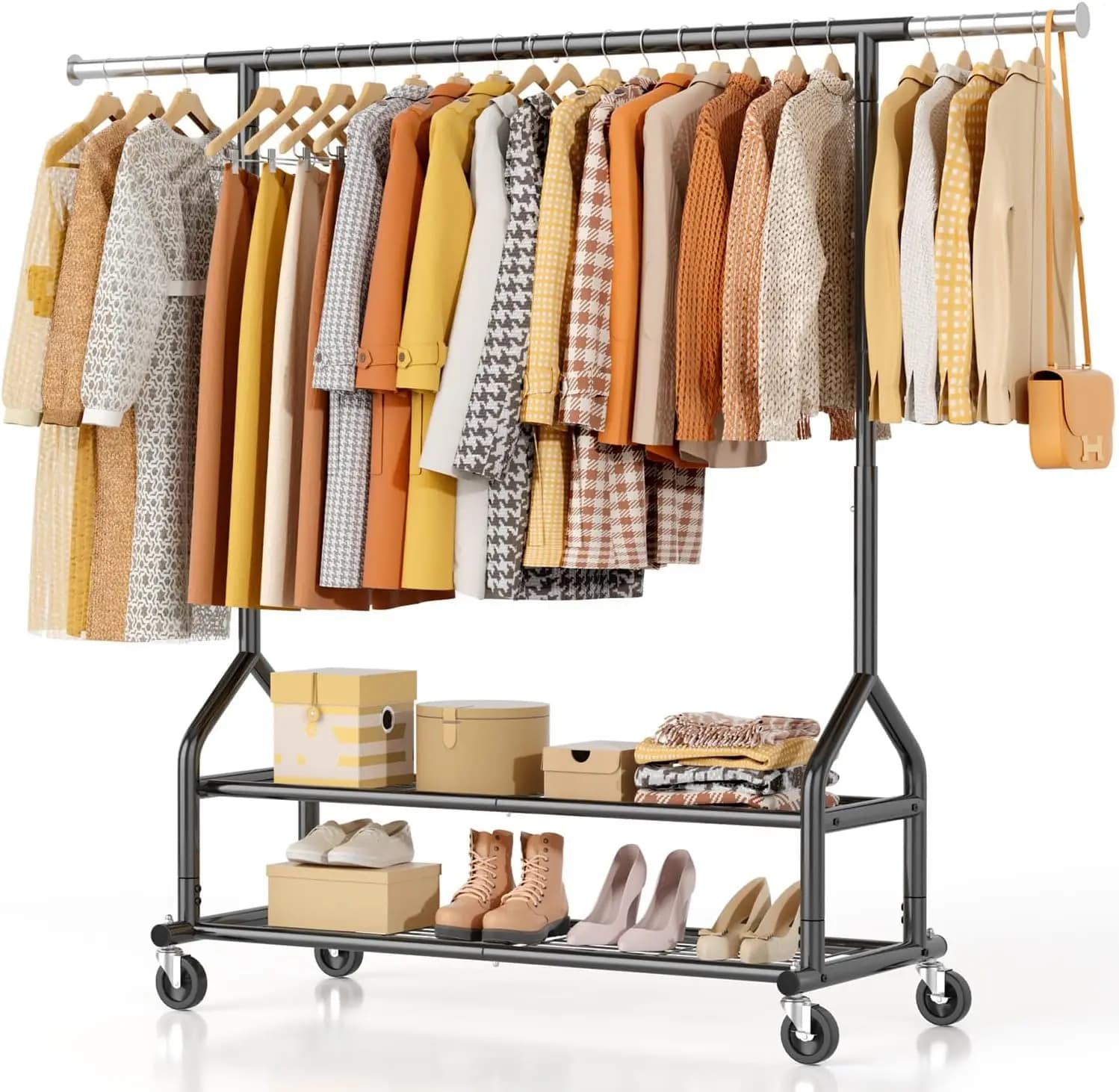 Rolling Clothing Rack With Shelves, Height Adjustable Metal Clothes Hanger ， for Hanging Clothes (Black)