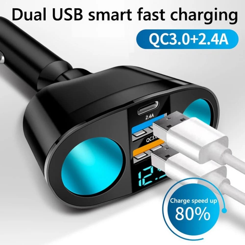 Multiple devices loaded at the same time 3 door car charger adapter with digital type C display for iPhone Samsung Xiaomi
