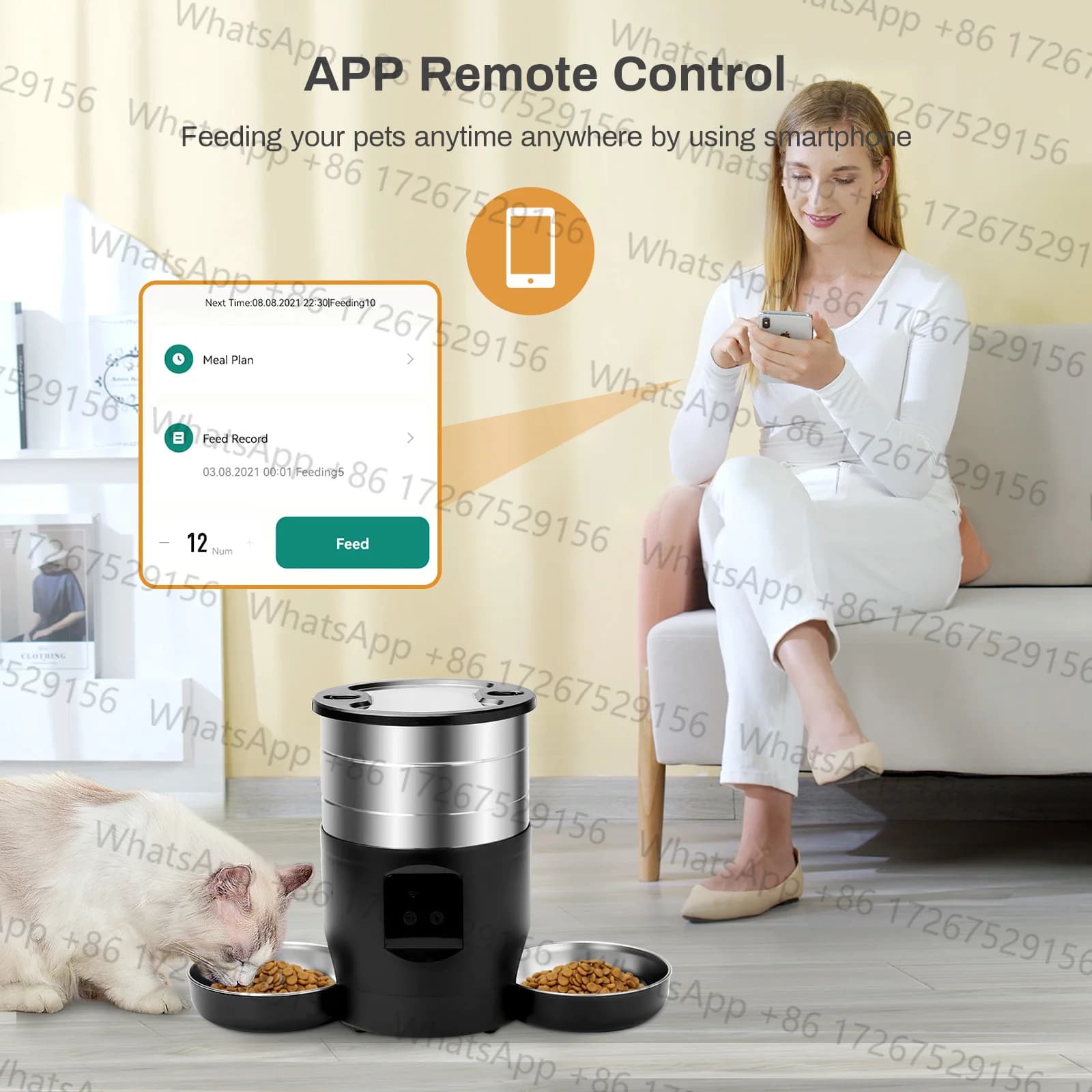 Applicable to4.5L Automatic Cat Feeder With WiFi Button Smart Pet Cat/Dogs Food Dispenser Two Stainless Steel Bowls Feeder Pet S