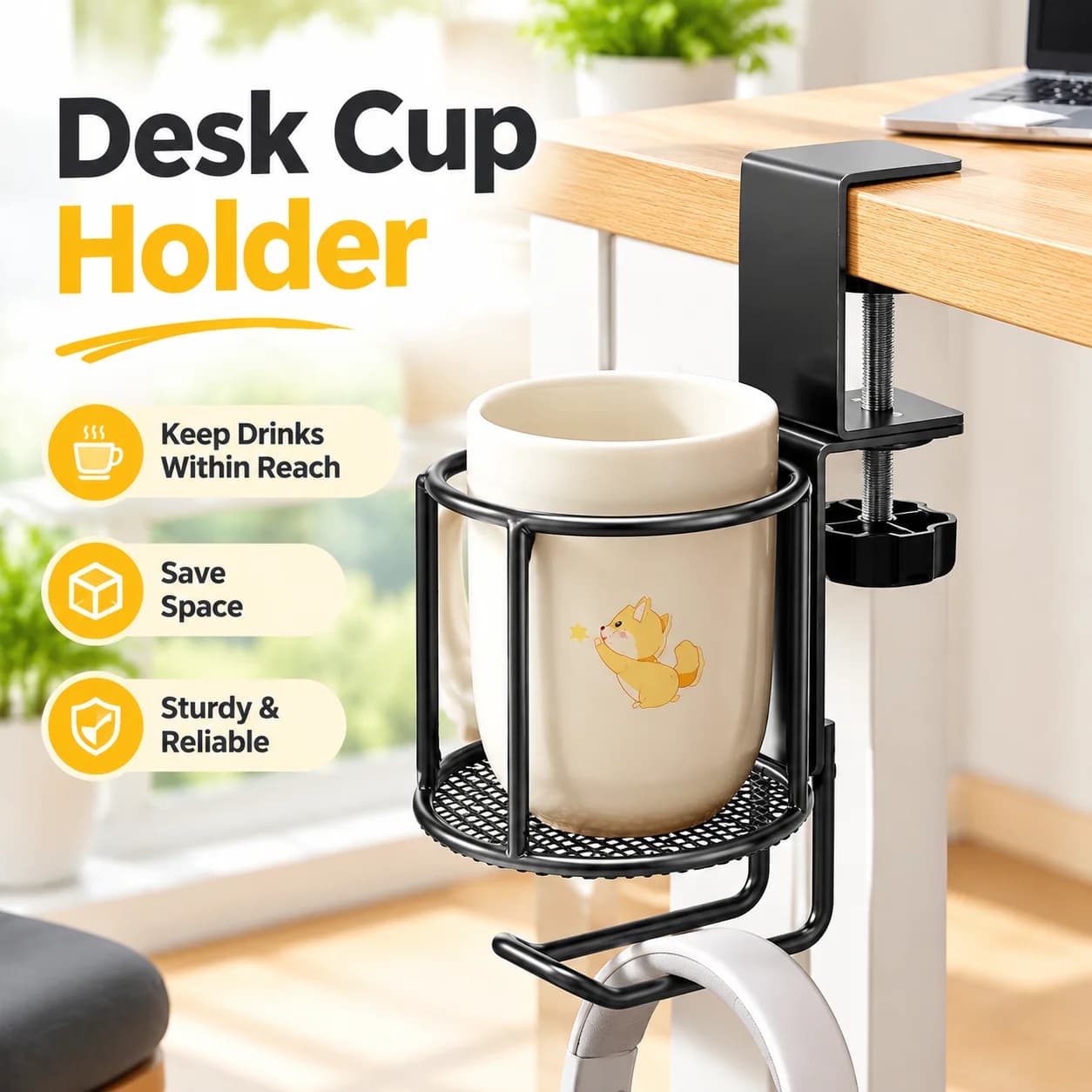 Desk Cup Holder Clamp with Hook, Side Mounted Beverage Bracket for Office Desktop, Space Saving, Sturdy, Multi Functional, for