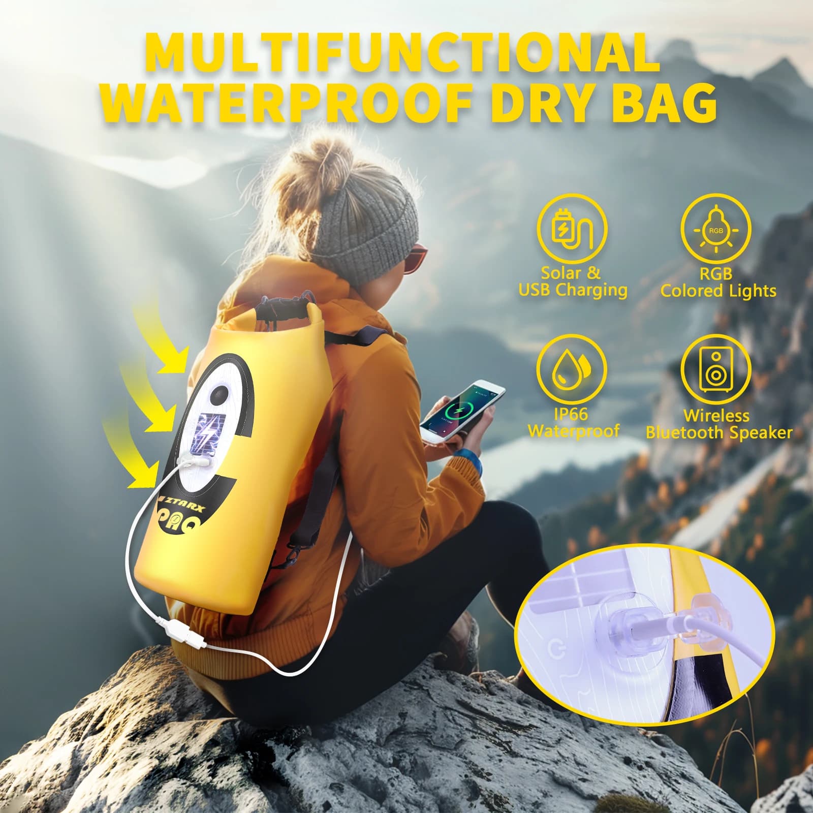 10L Solar Waterproof Dry Bag with Bluetooth Speaker & RGB Light, Floating Dry Sack with USB Charging Port, IP66 Waterproof Storage Backpack for Beach Kayaking Camping Fishing
